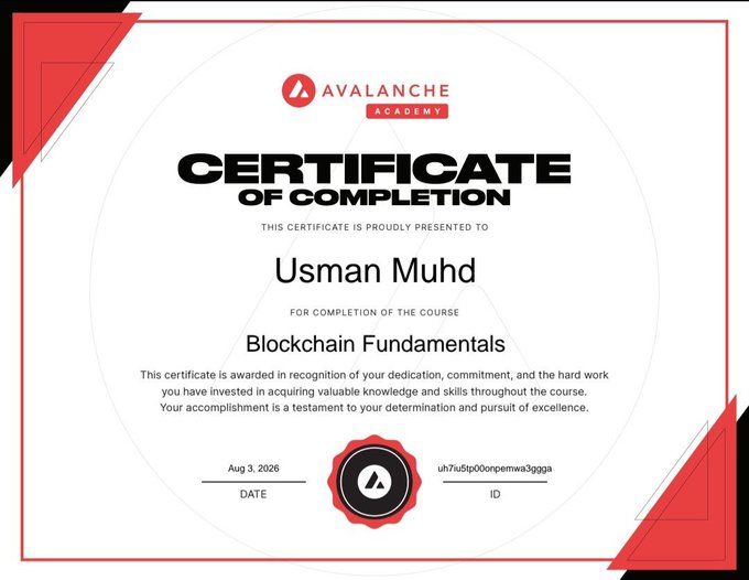 Avalanche Academy 'Certificate of Completion' awarded to 'Usman Muhd' for the 'Blockchain Fundamentals' course, dated Aug 3, 2026, with an ID of uh7u5ip00onpemwa3gqga.