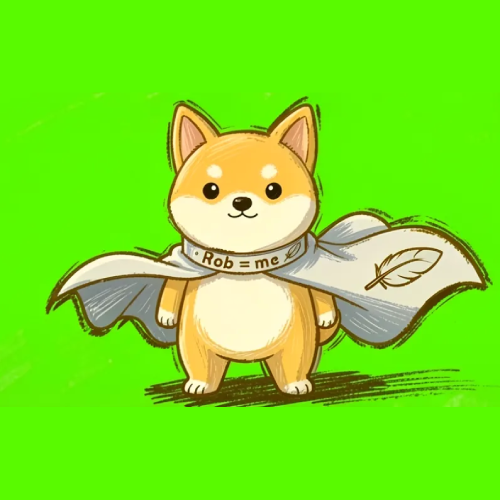 A cartoon illustration of a Shiba Inu dog wearing a white cape with 'Rob = me' written on it, standing against a bright green background.