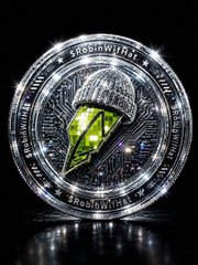 A digital image of a silver coin with circuit board patterns featuring a green gem in the center and text including 'Blockchain' and 'Mining'.
