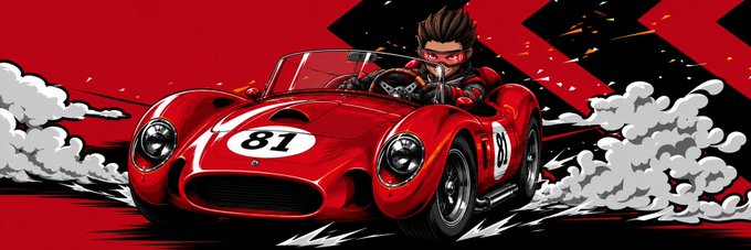 A cartoon character wearing a red mask drives a red vintage race car numbered '81' through clouds of smoke against a bold red and black background.