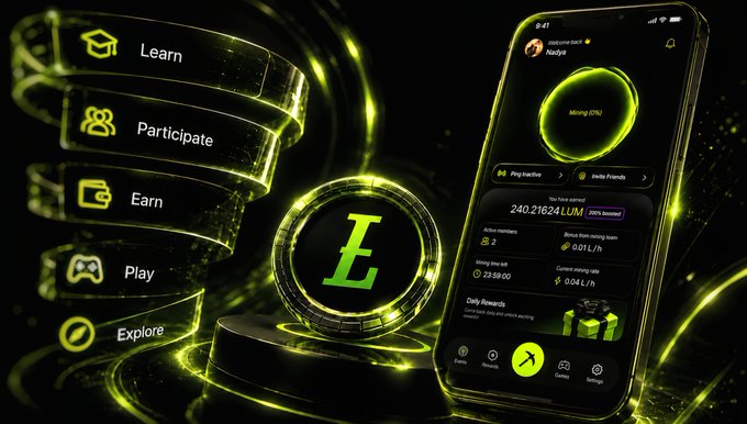 The image features a sleek smartphone displaying a crypto mining app interface for "Nadjya," showing 240.21624 LUM tokens mined with 0.01 L/h earning rate and a 23:59:00 countdown, alongside a glowing coin-like token marked with an "L" on a futuristic pedestal. To the left, five illuminated 3D panels list the platform's pillars—Learn, Participate, Earn, Play, and Explore—visually reinforcing the post's message that Mirex's vision extends beyond Lumira mining toward a broader multi-purpose crypto ecosystem.