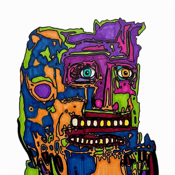 Colorful, psychedelic illustration of a stylized face with mismatched eyes and prominent teeth rendered in blue, purple, orange, and green.