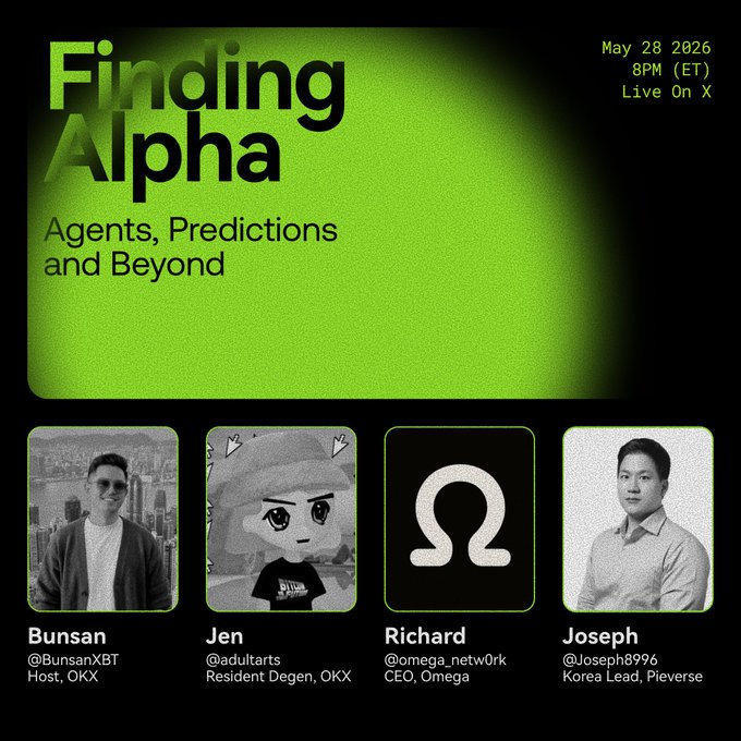 The image features a poster for an event called "Finding Alpha" that took place on May 28, 2020 at 8 PM (ET). The poster includes four images of people with different names, such as "Brunson", "Jens", "Richard", and "Joseph". These individuals are likely the speakers or panelists at the event. The poster also contains text discussing agents, predictions, and beyond in relation to the concept of Alpha.