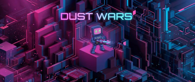 Promotional banner for "DUST WARS" featuring a cartoon robot character holding a laser gun on a pedestal within a neon-lit, isometric pink and purple cityscape.