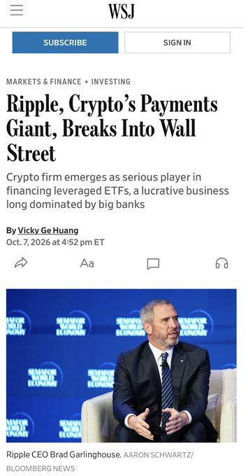 A Wall Street Journal article titled 'Ripple, Crypto's Payments Giant, Breaks Into Wall Street' featuring a photo of Ripple CEO Brad Garlinghouse.