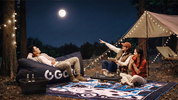 A group of friends enjoying a nighttime camping gathering under a full moon, sitting on bean bags and a patterned rug with string lights illuminating a tent in the background.