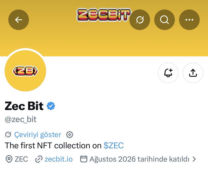 A Twitter profile for @zec_bit, the verified account described as "The first NFT collection on $ZEC," features a pixelated "ZECBIT" logo on a yellow background alongside the username, handle, and a link to zecbit.io, supporting the post's promotion of a free mint WL giveaway for the NFT project.