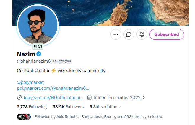 Twitter/X profile page for Nazim (@shahrianazim6), a content creator with a verified blue checkmark, 68.5K followers, and 5 subscriptions, referencing @polymarket.