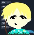 A stylized cartoon portrait of a blonde character with large eyes wearing a green floral shirt. Some Japanese text is visible on the left side.