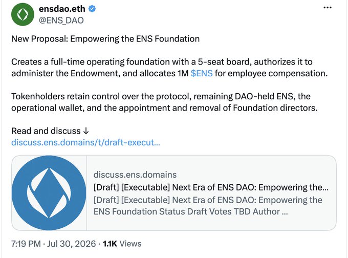 A tweet from @ENS_DAO announcing a new proposal titled 'Empowering the ENS Foundation' that would create a 5-seat operating board to administer the Endowment and allocate 1M $ENS for employee compensation, while tokenholders retain control.