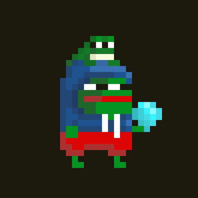 A pixel art rendering shows two green Pepe-style frog characters stacked on top of each other, with the top frog appearing injured (bandaged mouth) and the bottom frog holding a diamond.