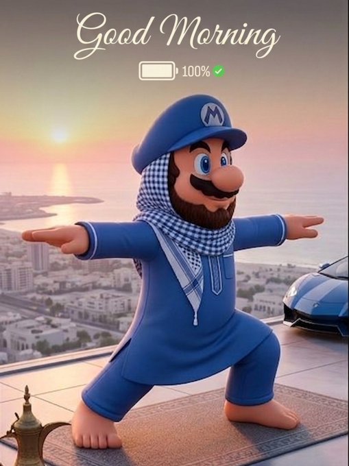 A 'Good Morning' illustration features a cartoon character resembling Mario in a blue outfit and keffiyeh, performing a yoga pose on a balcony overlooking a coastal city at sunrise, with a battery indicator showing 100% and a sports car visible to the right.