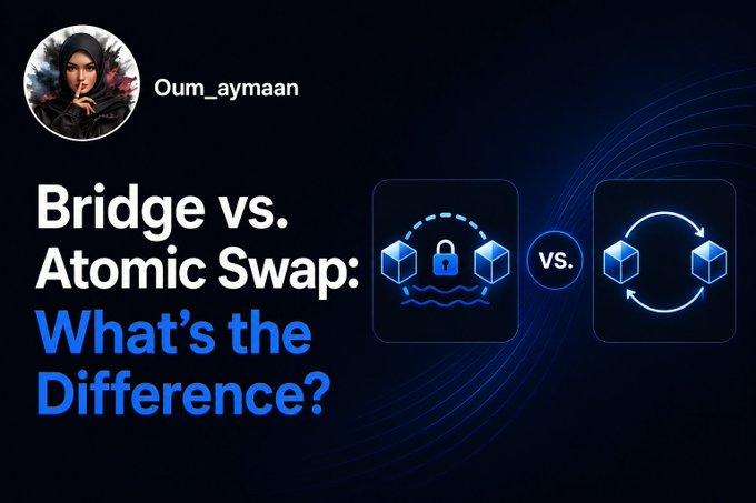 A dark blue graphic by user 'Oum_aymaan' titled 'Bridge vs. Atomic Swap: What's the Difference?' showing two icons of blue cubes connected by a dashed bridge with a lock and waves versus a circular exchange arrow.