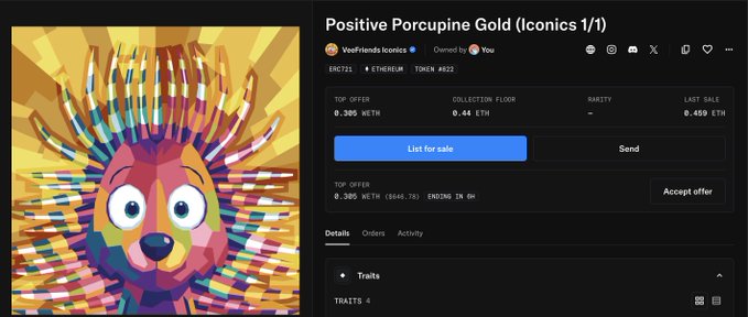 The image features a colorful cartoon picture of a porcupine wearing a hat, which has been used as an advertisement for a product or service. The text below the image reads "Positive Porcupine Gold icons 1", indicating that there is a list available for viewing and purchasing. Additionally, the post includes a link to the website where the listing can be accessed.
