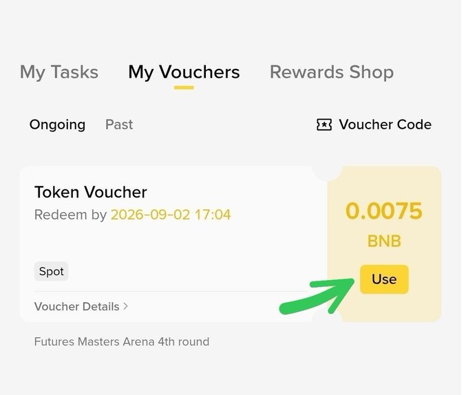 The image shows a screenshot of a mobile app, where the top left corner displays an item with a green arrow pointing towards it and reading "USE". The bottom left corner has text that says "Binance Future Master Arena Airdrop Check 4.4$ BNBreceived", indicating that this app might be related to Bitcoin or other similar digital assets, as well as offering users the option to participate in upcoming Master Shops for these virtual coins.