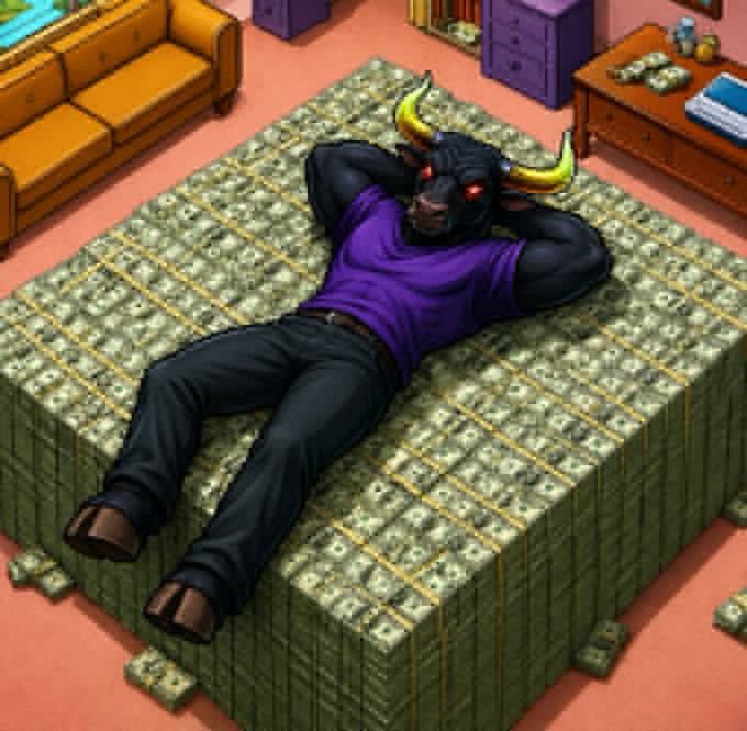 A digital illustration of an anthropomorphic black bull wearing a purple shirt and dark pants, reclining leisurely on a large stack of banded US currency in a living room setting.