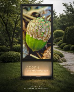 An outdoor vertical advertising billboard in a garden setting displaying an acorn labeled 'ADORN BY SANDYCESS1717' with the tagline 'NATURE CALLS IN SUPPORT OF MAGIC FOREST'.