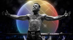 A tattooed fighter stands victorious with arms outstretched in a UFC ring beneath a glowing color wheel backdrop. The image complements the post's hype around UFC markets trading on Phantom and Claude, with the fighter embodying the high-stakes showdown energy between McGregor and Holloway referenced in the caption.