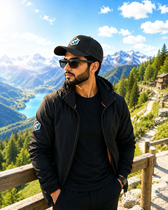 A man wearing a black cap, sunglasses, and a black bomber jacket stands on a mountain path overlooking a turquoise lake and snow-capped Alps.