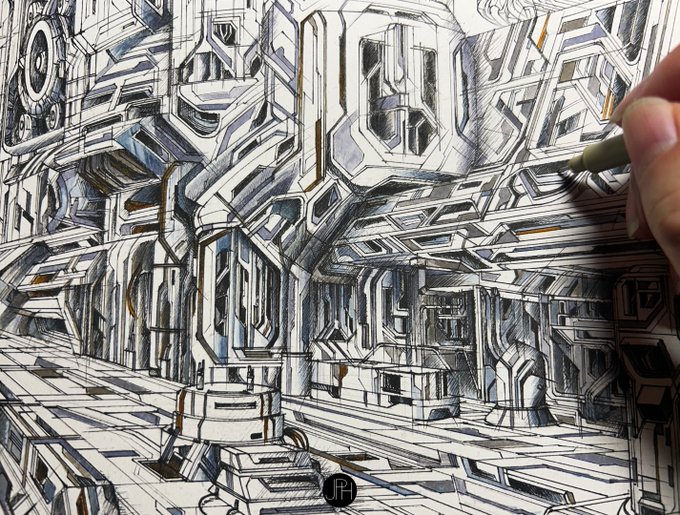 A hand sketches an intricate sci-fi architectural interior using blue and orange ink on paper, with the artist's signature "JA" visible in the bottom corner.