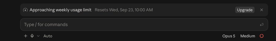 The image shows a chat interface warning "Approaching weekly usage limit. Resets Wed, Sep 23, 10:00 AM," with the model set to "Opus 5" and "Medium" reasoning mode. This screenshot illustrates the user's post about nearly exhausting their weekly AI usage limit just 24 hours in, demonstrating heavy platform lock-in.
