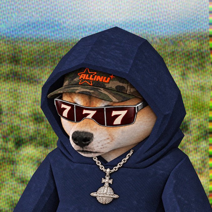An NFT-style digital artwork features a Shiba Inu dog wearing a camo cap with 'ALLINU' text, '777' sunglasses, and a navy hoodie with a planet pendant necklace.