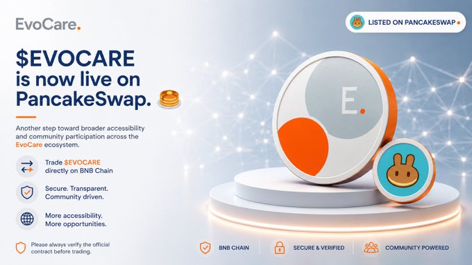The image features a poster for Evocare, which is now live on PancakeSwap. The poster showcases two coins - one orange and one blue - placed on a white platform against a light blue background. The text on the poster highlights that $EVOCARE is now available for trading directly through PancakeSwap, with an emphasis on community participation and broader accessibility.