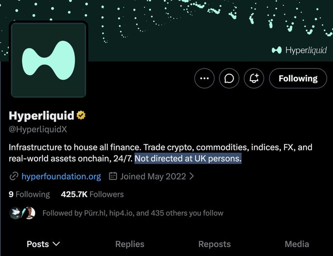 A screenshot of the Twitter/X profile for 'Hyperliquid' (@HyperliquidX) with a bio reading 'Infrastructure to house all finance. Trade crypto, commodities, indices, FX, and real-world assets onchain, 24/7.' with the text 'Not directed at UK persons.' highlighted.