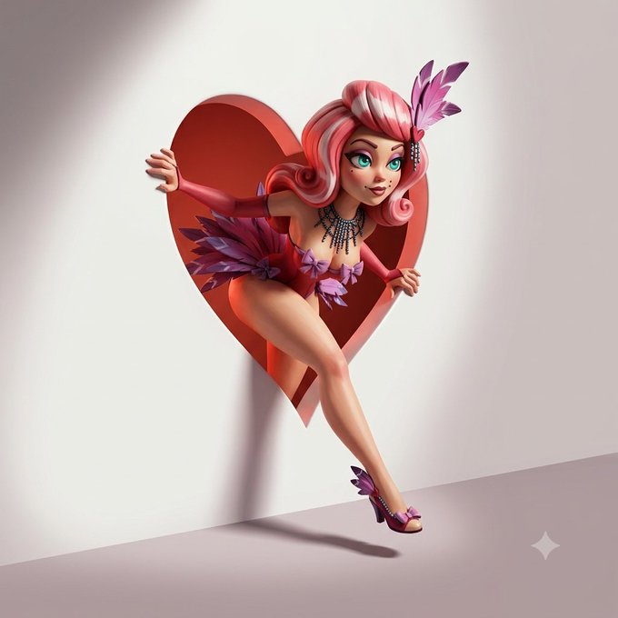 A 3D illustration of a stylized female character with pink hair, a feather headpiece, and pink feathered outfit emerging from a red heart-shaped cutout in a wall.