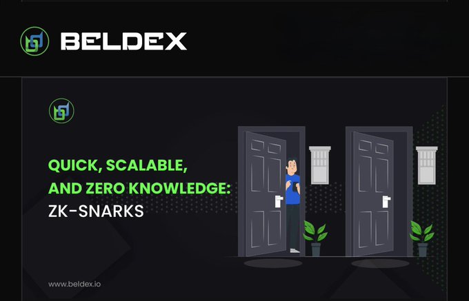 A dark-themed graphic for BELDEX with the text 'QUICK, SCALABLE, AND ZERO KNOWLEDGE: ZK-SNARKS', featuring an illustration of a person standing in a doorway and the website 'www.beldex.io'.