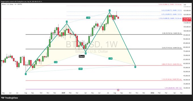 A weekly Bitcoin/USD (BTCUSD) TradingView chart displays a bearish harmonic shark pattern with labeled points (X, A, B, C, D) projecting a downside target near the 0.886 Fibonacci extension around $57,500, contextualizing the post's claim of a harmonic pattern completion and potential decoupling setup with SPY.