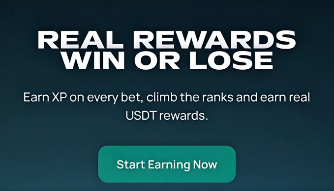 Dark blue promotional banner reading 'REAL REWARDS WIN OR LOSE' with text about earning XP and real USDT rewards, featuring a green 'Start Earning Now' button.