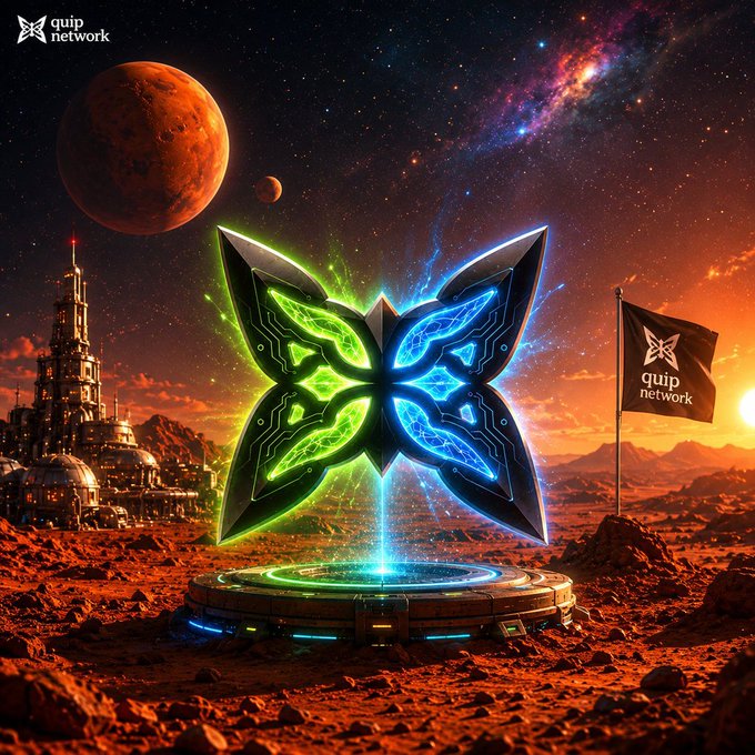 A sci-fi digital artwork featuring a glowing green and blue butterfly-shaped emblem on a Martian landscape, with the 'quip network' logo in the top left and a flag on the right.