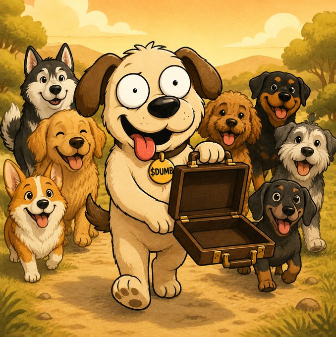A cartoon illustration of several happy dogs gathered outdoors around a beige dog who is holding open an empty brown briefcase, wearing a tag that reads '$DUMB'.