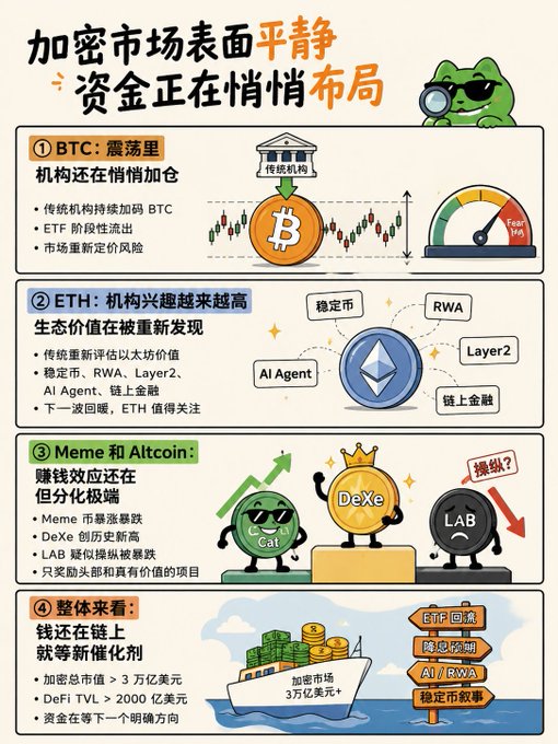The image is a Chinese-language crypto market infographic titled "加密市场表面平静 资金正在悄悄布局" (Crypto Market Appears Calm, Funds Are Quietly Positioning), featuring a cartoon frog detective. It breaks down four key insights: (1) BTC is consolidating with traditional institutions and ETFs continuing to accumulate, (2) ETH is gaining institutional interest around stablecoins, RWA, Layer2, AI Agents, and on-chain finance, (3) Meme and Altcoin sectors are sharply polarizing (with catex, DeXe, and LAB highlighted), and (4) overall, money is flowing into new on-chain catalysts, with total crypto market cap exceeding $3 trillion and DeFi TVL over $200 billion. The infographic visually reinforces the post's message that despite the quiet, range-bound price action, underlying capital flows are actively repositioning across BTC, ETH ecosystem sectors, and select altcoins.