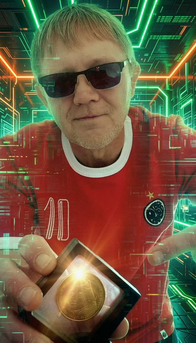 A middle-aged man wearing sunglasses and a red jersey holds up a commemorative Bitcoin coin against a futuristic neon-green circuit background, playfully reimagining a Bitcoin enthusiast as a Dogecoin advocate with the caption encouraging followers to "$DOGE."