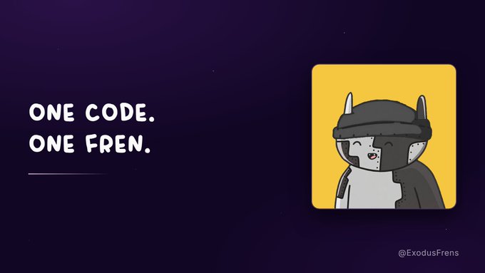 A dark purple graphic featuring the text 'ONE CODE. ONE FREN.' next to a cartoon cat character wearing a gray knight's helmet, with '@ExodusFrens' written in the corner.