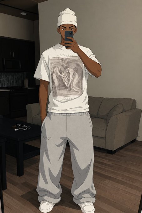 An illustrated selfie shows a young man wearing a white graphic tee, gray sweatpants, and a white beanie, standing in a living room.