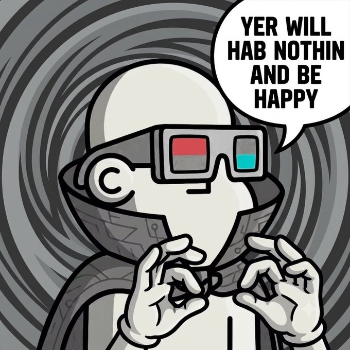 Black and white cartoon character wearing 3D glasses with red/cyan lenses and a high-collared outfit, set against a hypnotic spiral background, with a speech bubble reading 'YER WILL HAB NOTHIN AND BE HAPPY'.