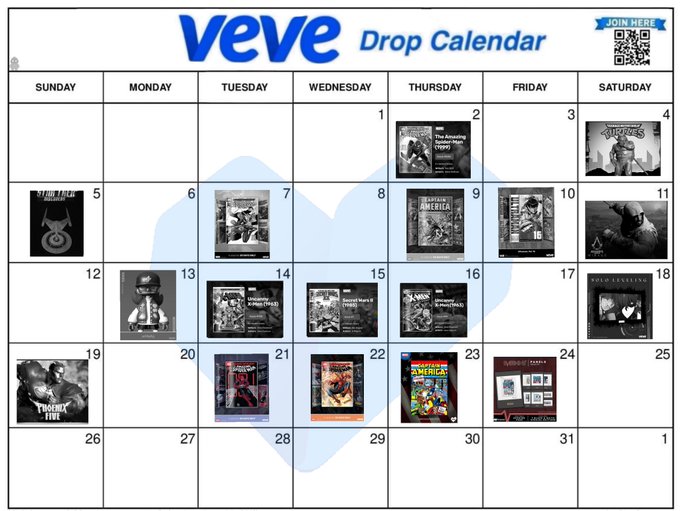 A 'veVe Drop Calendar' showing a monthly schedule of digital collectible drops across different days, including comics and other collectibles.