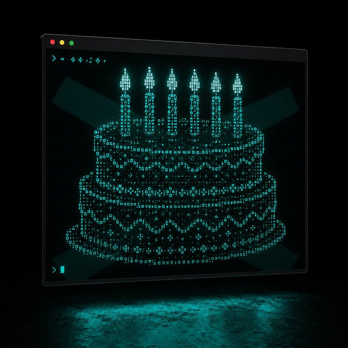 A glowing terminal window displays an ASCII art birthday cake made of binary code, with the code "0x803" visible among the candle patterns, celebrating a blockchain mainnet birthday milestone.
