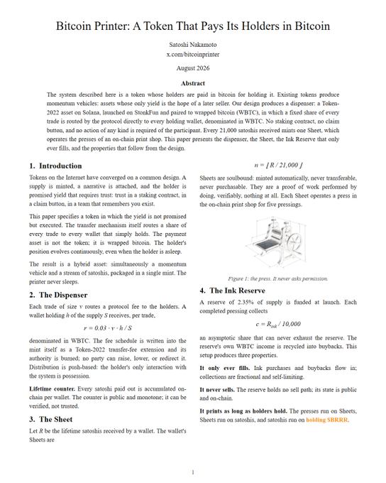 The first page of an academic paper titled 'Bitcoin Printer: A Token That Pays Its Holders in Bitcoin' by Satoshi Nakamoto (x.com/bitcoinprinter), dated August 2026.