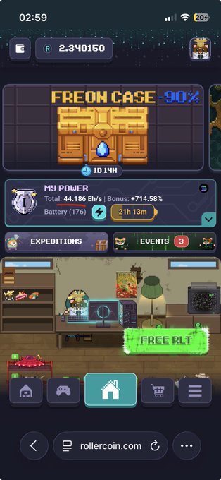 An image of an iphone displaying a game's progress with the text "Freon Case 90%", "FREON CAS" (French words for "gold box"), "0.0", "0.07", 
"2.34 150", "0.39". There are descriptions below, one of which is that the player is about to receive a reward. The rest of the post focuses on rollercoin and how it works in the game.