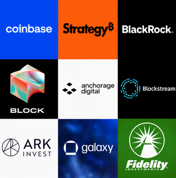 A 3x3 grid of company logos featuring Coinbase, Strategy, BlackRock, Block, Anchorage Digital, Blockstream, ARK Invest, Galaxy, and Fidelity—visually representing the consortium members mentioned in the announcement of a $15 million initiative to defend Bitcoin against quantum computing threats.