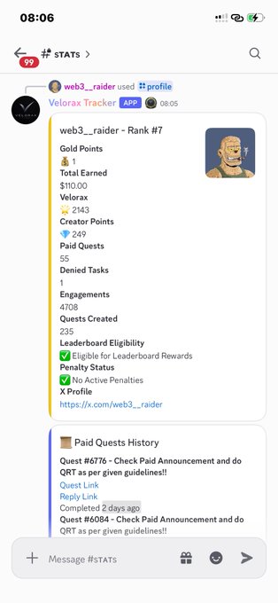A mobile screenshot of a Telegram group '#STATS' showing user 'web3__raider' as a 'Velorax Tracker APP' user with stats including 1 Gold Point, $110 Total Earned, 2143 Velorax, and 4708 Engagements.