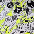 A black, white, and neon yellow abstract artwork featuring astronaut helmets and stylized characters in a chaotic, illustrative style.