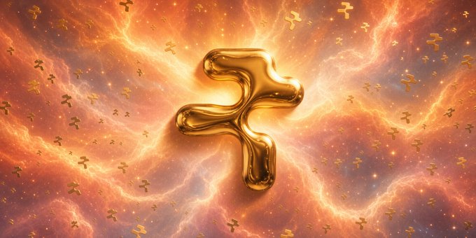 A 3D-rendered golden abstract symbol floats against a fiery orange and pink cosmic background filled with smaller similar symbols.