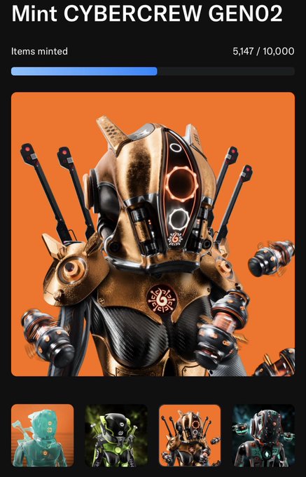 A mobile minting page for "Mint CYBERCREW GENO2" shows 5,147/10,000 items minted (about 51% complete) with a progress bar, featuring a gold robotic character with antennas and mechanical details as the main artwork, alongside smaller preview thumbnails of other crew variants below. The page is linked to the CYBERCREW collection on OpenSea, indicating this is an NFT minting interface for the CyberCrew Geno2 series.