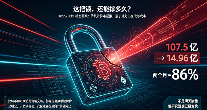 A futuristic Chinese graphic about Bitcoin security showing a glowing digital padlock being cracked by a red laser, with text '这把锁，还能撑多久？' and statistics noting '107.5亿 → 14.96亿' and '-86%', referencing secp256k1 elliptic curve vulnerabilities.