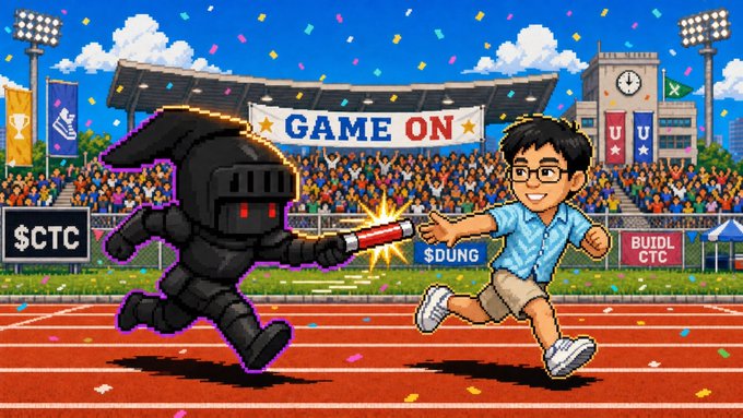Pixel art style illustration of a black knight character with a glowing sword chasing a bespectacled boy on a track field, with 'GAME ON' banner and signs reading '$CTC', '$DUNG', and 'BUDL CTC'.